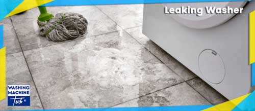 Placeholder image: water leaking from underneath a washing machine onto a tiled floor